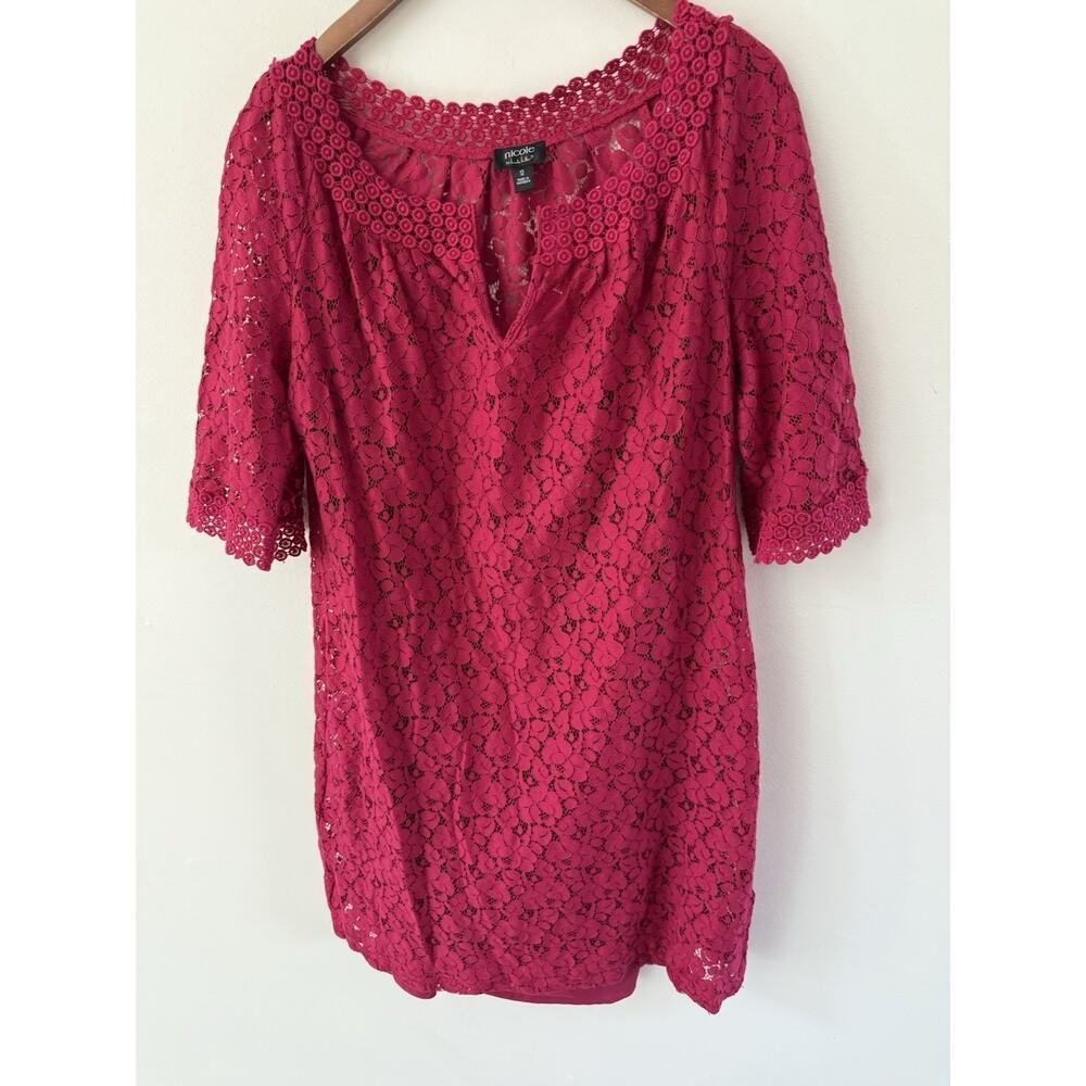 Nicole By Nicole Miller Lace Sheath Dress Size 12 Fuscia Pink Short Sleeve Lined